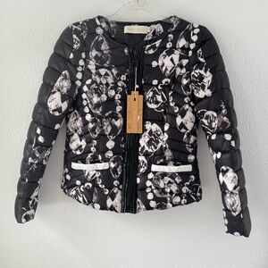 Hao Shang Crystal Print Puffer Jacket Monochrome Graphic Zipper Detail US Small